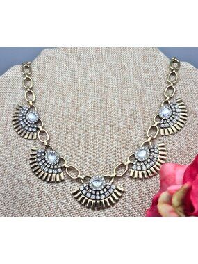 Statement Runway Chic Gold Tone & Crystal Fan Collar Necklace 21.5" Chunky Chain